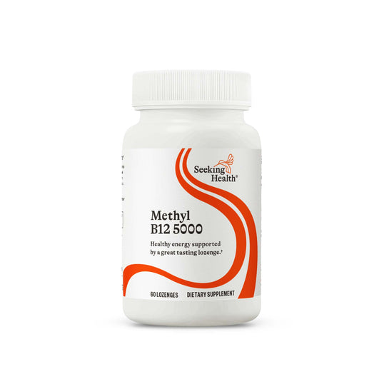 Supplement bottle labeled 'Methyl B12 5000' by Seeking Health on a white background