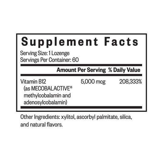 Supplement facts label for a lozenge with vitamin B12 content on a white background
