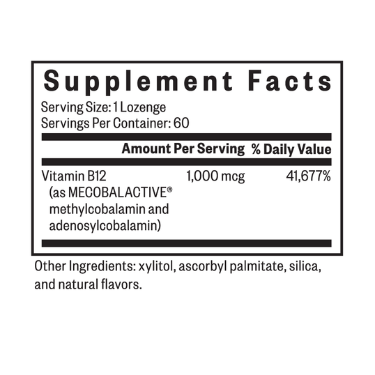 Supplement facts label for vitamin B12 lozenges on a white background