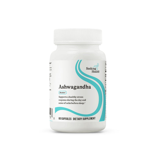 Supplement bottle labeled 'Ashwagandha' by Seeking Health on a white background