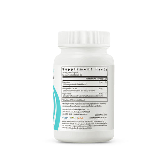 A white plastic bottle of dietary supplements shown from the back, displaying the Supplement Facts label with a black text grid and a small teal graphic accent on the left side.