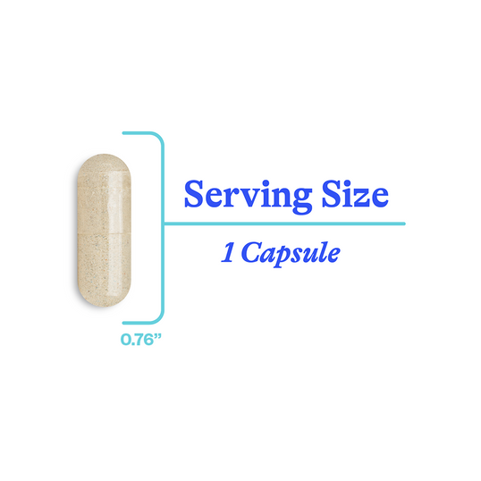 Capsule with serving size label indicating '1 Capsule' and '0.76”'.