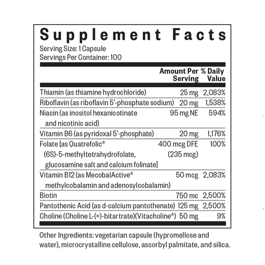 B Complex Plus with Choline supplment facts panel.
