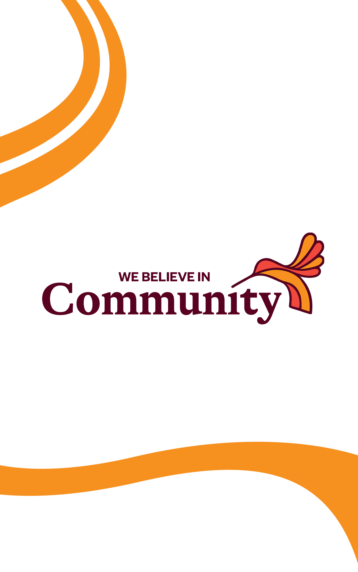 Design with 'We Believe in Community' text and orange and red graphics on a white background