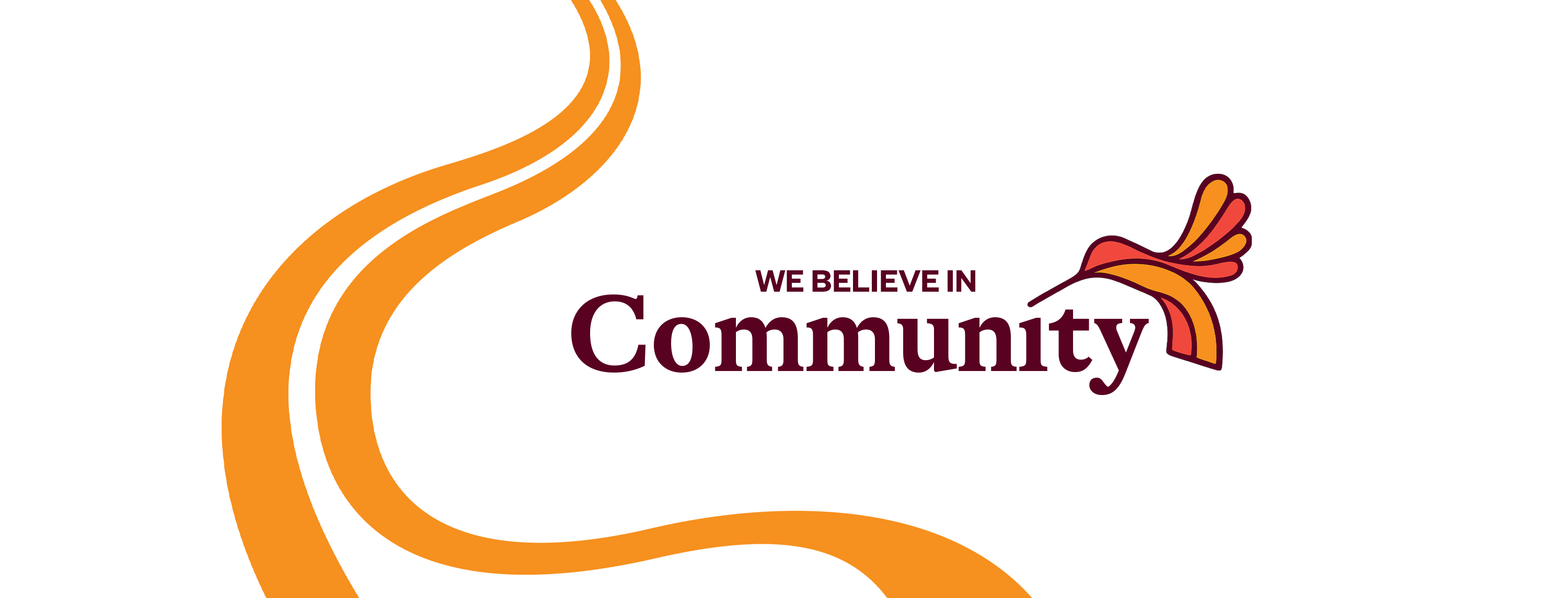 Logo with orange and white design and 'We Believe in Community' text on a white background