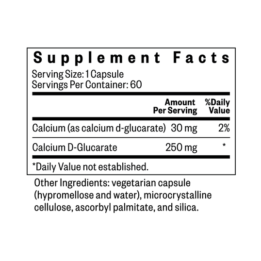 Supplement facts label for calcium d-glucarate on a white background