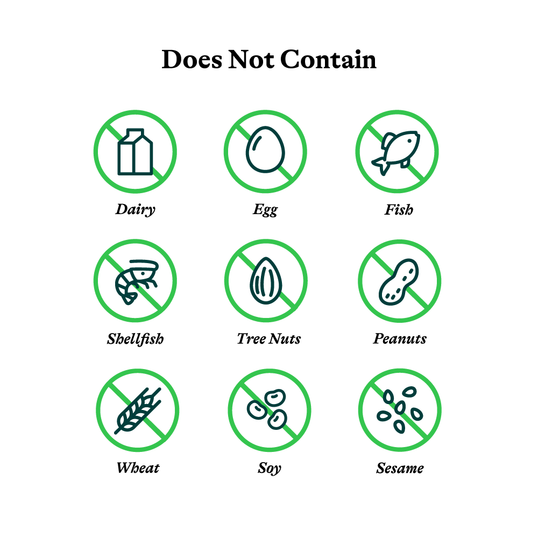 Allergen-free icons with symbols for dairy, egg, fish, shellfish, tree nuts, peanuts, wheat, soy, and sesame on a white background.