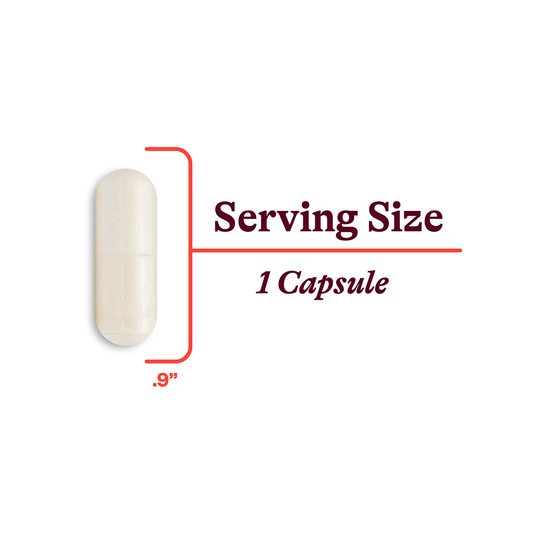 Illustration of a capsule with text indicating 'Serving Size 1 Capsule' and measurement '0.9”'.