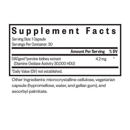 Nutrition facts for Histamine Digest.