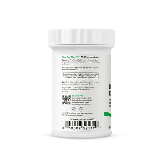 Back view of a supplement container with text and a QR code on a white background