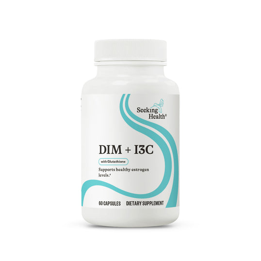 Supplement bottle labeled 'DIM + I3C' by Seeking Health on a white background