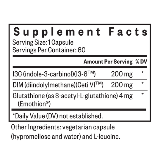 Supplement facts label for capsules with I3C, DIM, and Glutathione on a white background.