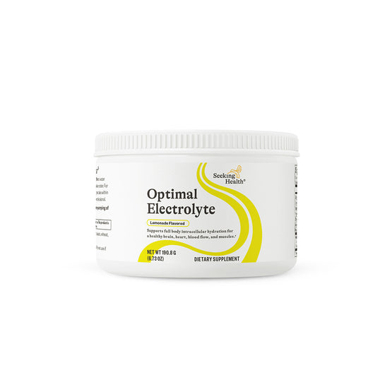 Container of Optimal Electrolyte supplement by Seeking Health on a white background