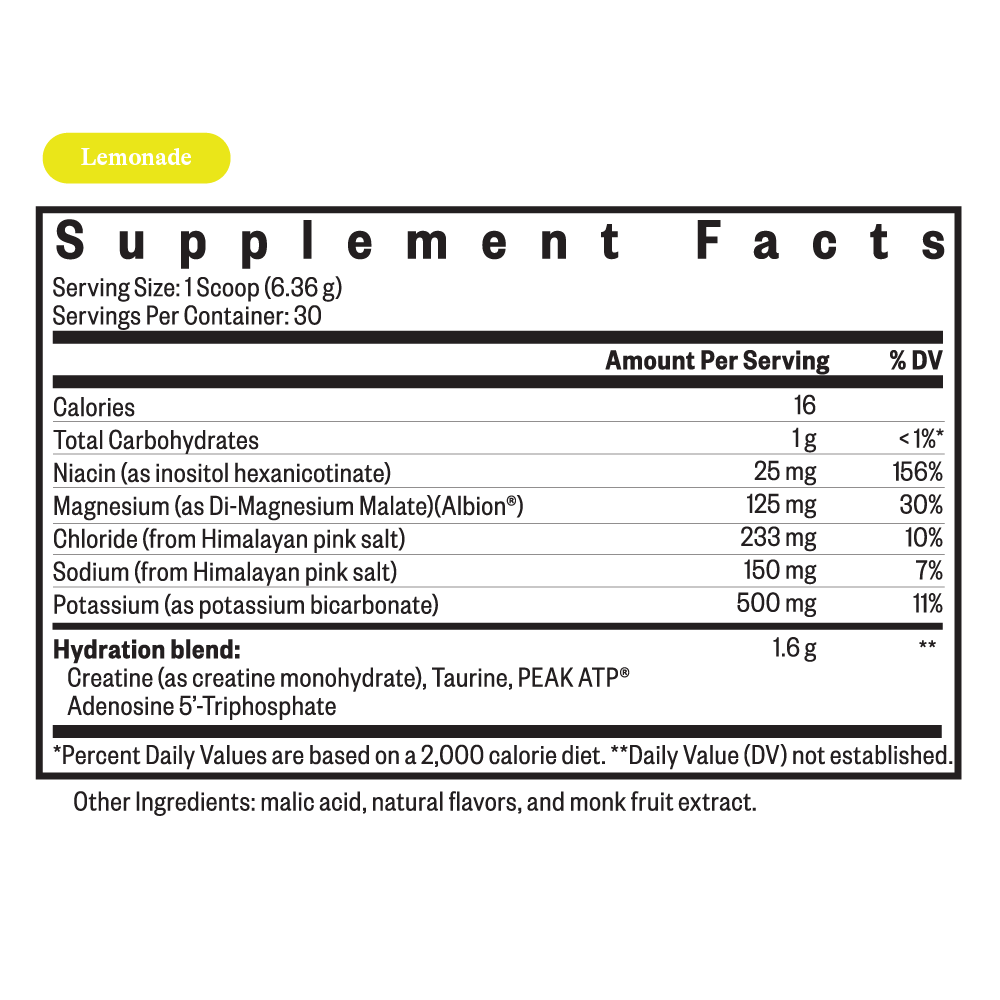 Supplement facts label for a lemonade-flavored product on a white background