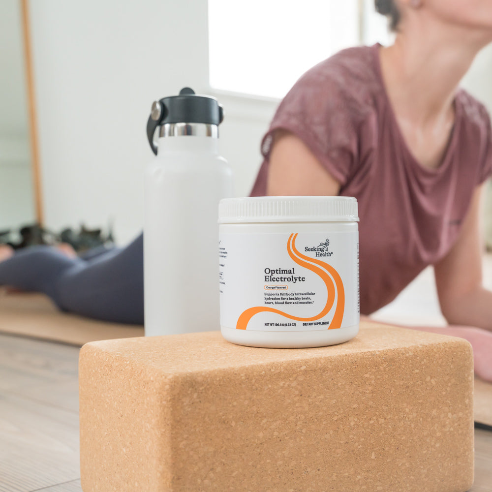 image of electrolyte container on yoga block 