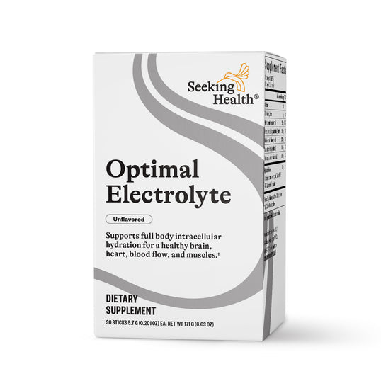 Box of Seeking Health Optimal Electrolyte dietary supplement on a white background
