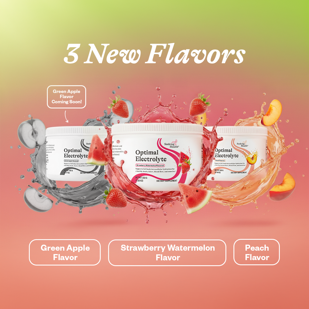 Optimal Electrolyte supplement containers with fruit slices and splashes on a gradient background