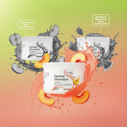 Optimal Electrolyte supplement containers with fruit slices and splashes on a gradient background