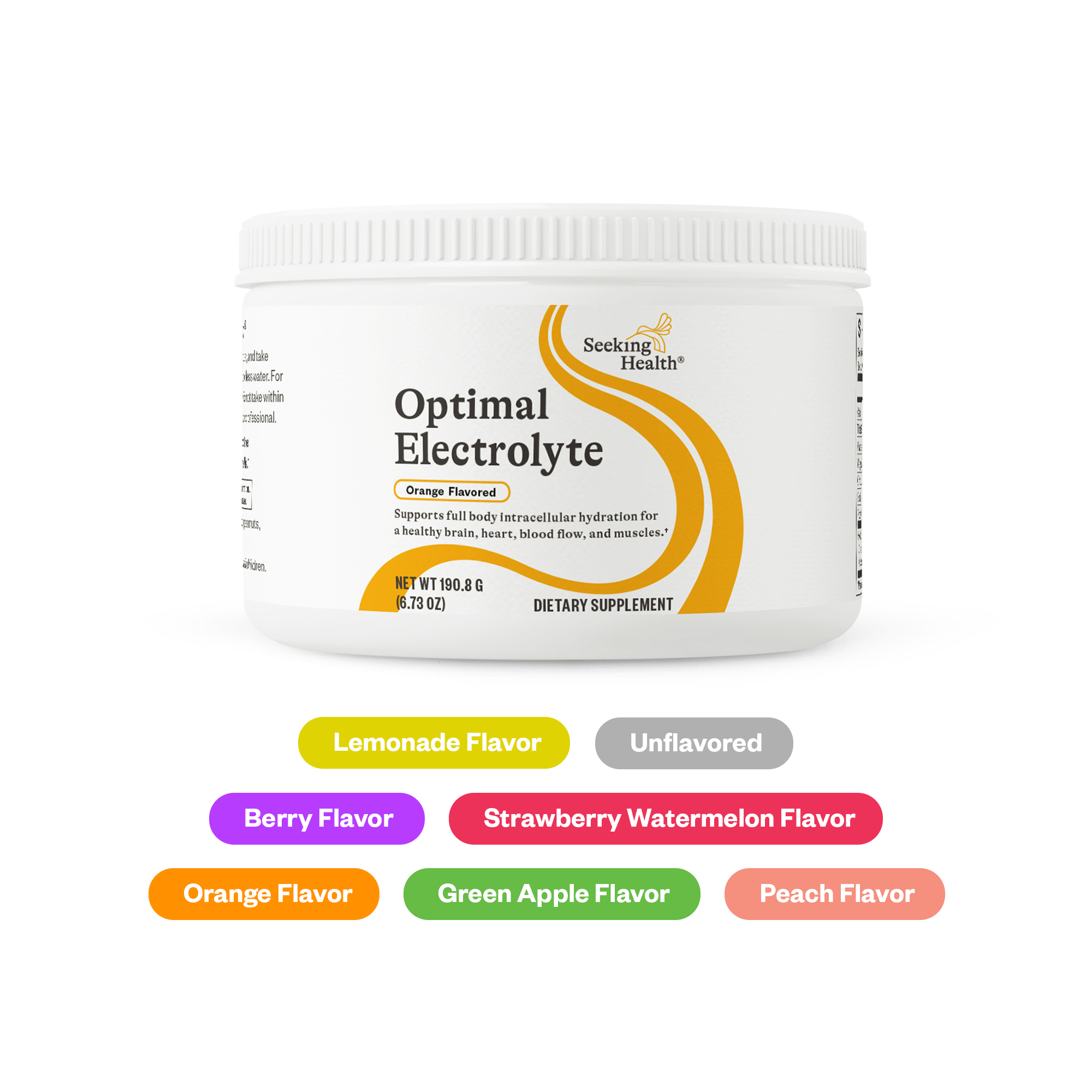 Container of Optimal Electrolyte supplement with flavor options on a white background