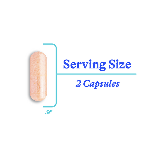 Vitamin capsule with serving size and measurement text on a white background