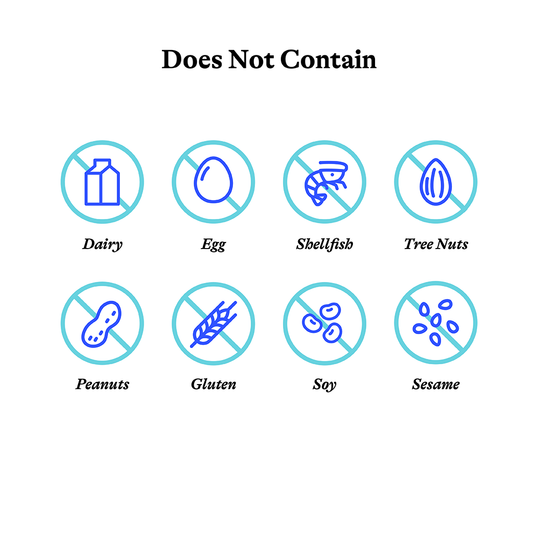Allergen-free icons with text 'Does Not Contain' on a white background