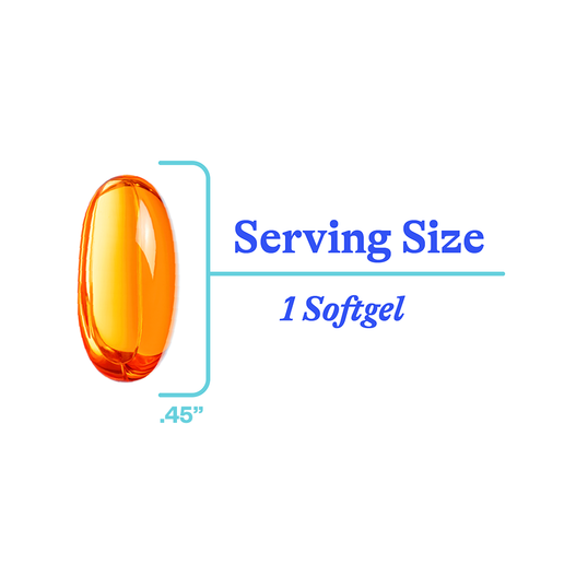 An orange translucent softgel capsule shown on a white background with blue text reading 'Serving Size 1 Softgel' and a dimension marker '.45"'.