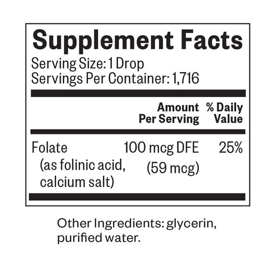 A Supplement Facts label showing folate content: 100 mcg DFE, 25% daily value, with serving size 1 drop and other ingredients listed below as glycerin and purified water.