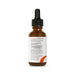 An amber glass dropper bottle with a black cap and a white label, shown on a plain white background. The label contains black and orange text and a small orange graphic.