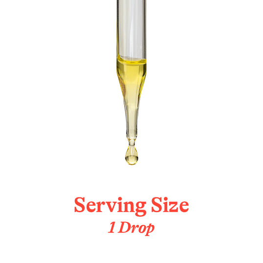 A glass dropper filled with yellow liquid, shown with red text below reading 'Serving Size 1 Drop' on a plain white background.
