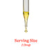 A glass dropper filled with yellow liquid, shown with red text below reading 'Serving Size 1 Drop' on a plain white background.