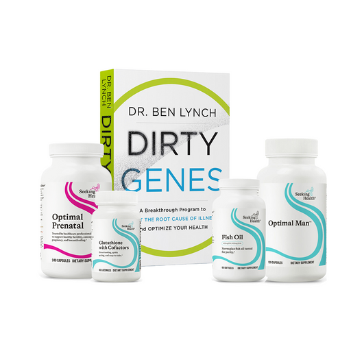 Supplement products including 'Optimal Prenatal', 'Fish Oil', and 'Optimal Man' with a book titled 'Dirty Genes' by Dr. Ben Lynch on a white background.