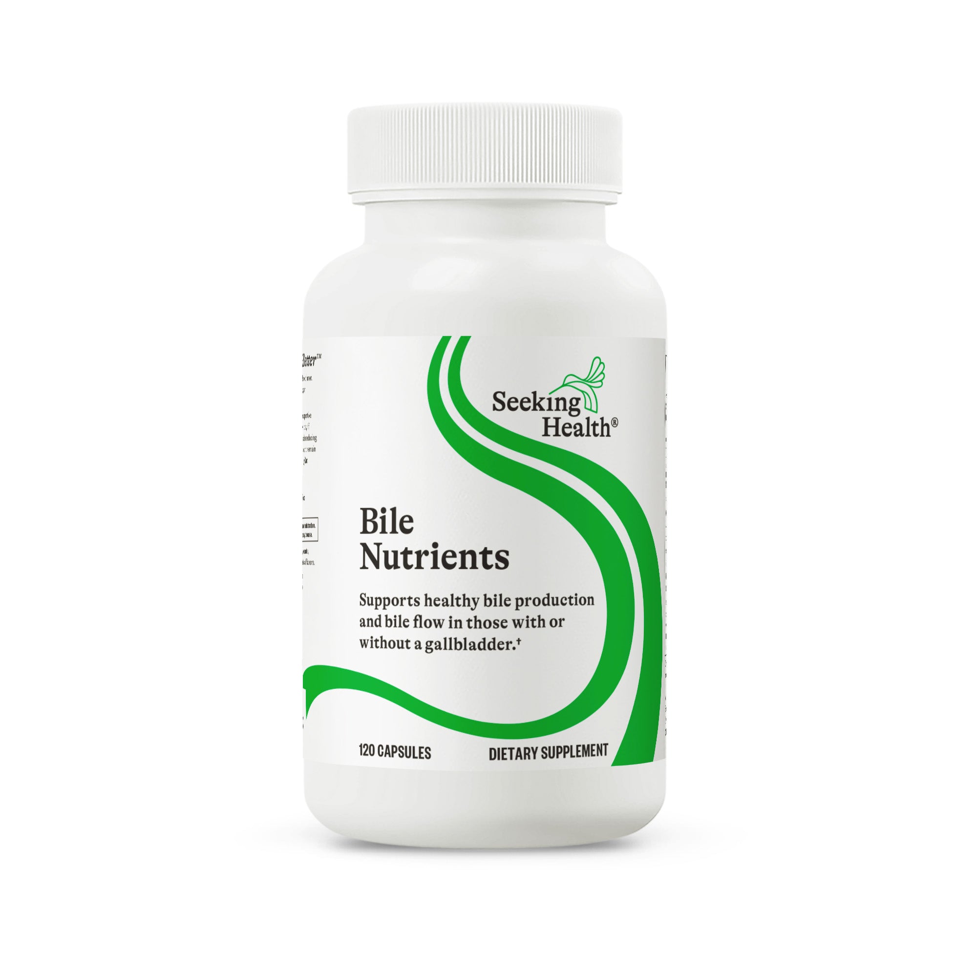 Supplement bottle labeled 'Bile Nutrients' by Seeking Health on a white background