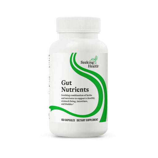 Supplement bottle labeled 'Gut Nutrients' by Seeking Health on a white background