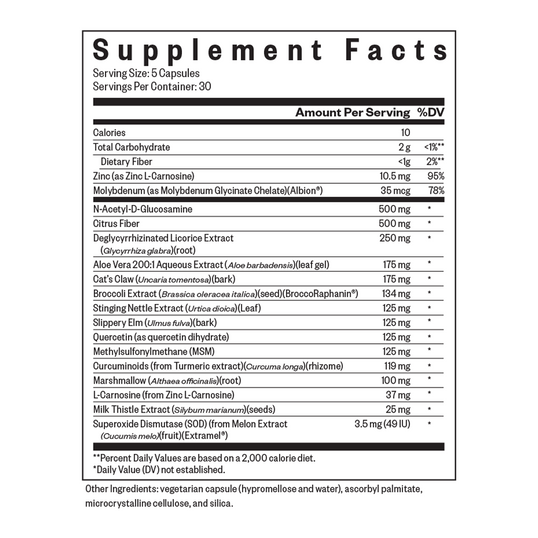 Supplement facts label with detailed nutritional information on a white background
