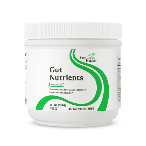 Supplement container labeled 'Gut Nutrients' by Seeking Health on a white background