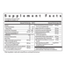 A supplement facts label with a black-and-white table showing serving size, calories, daily values, and listed ingredients such as turmeric extract, zinc, magnesium, and milk thistle.
