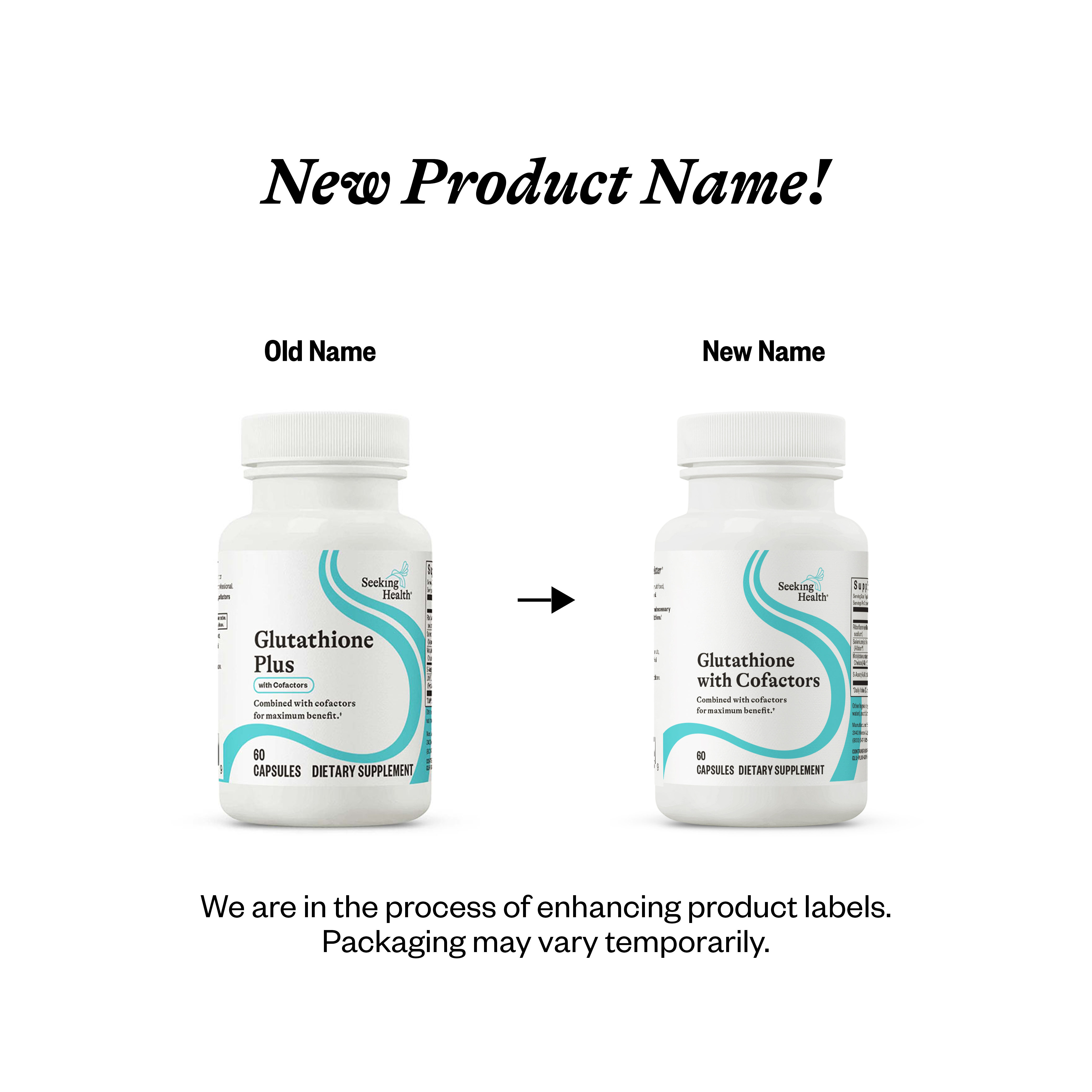 Two supplement bottles labeled 'Glutathione Plus' and 'Glutathione with Cofactors' with text indicating a new product name and label enhancement process.