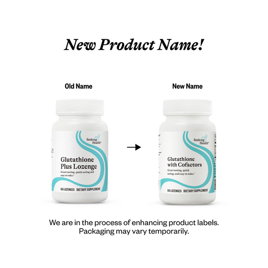 Two versions of a supplement bottle labeled 'Glutathione Plus Lozenge' with text indicating a new product name and label enhancement process.