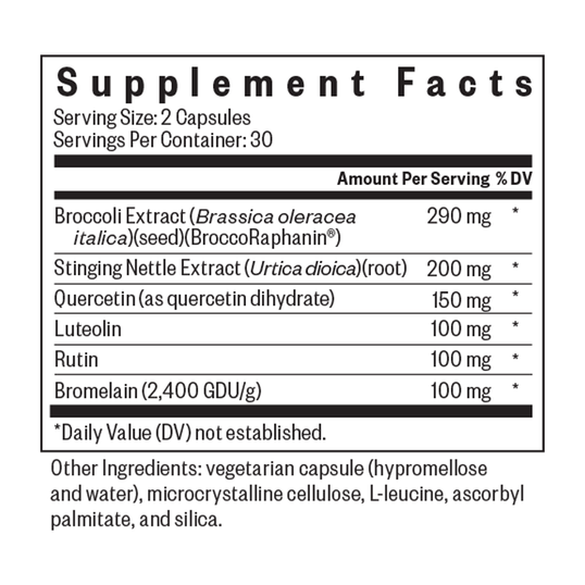 Supplement facts label with various health benefits listed on a white background