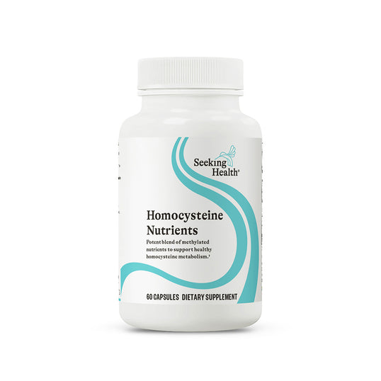 Supplement bottle labeled 'Homocysteine Nutrients' by Seeking Health on a white background