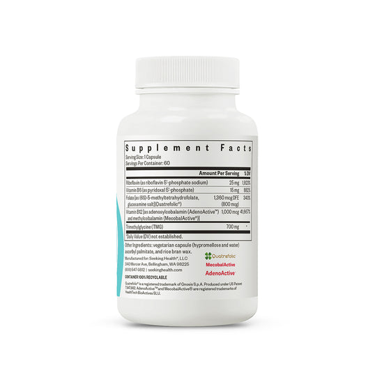 A white plastic bottle of dietary supplements shown from the back, displaying the Supplement Facts label. The label lists ingredients and dosages for MucinActive Adenovirus and AdenoHelper, with MucinActive and Adenovirus highlighted in green and red logos.