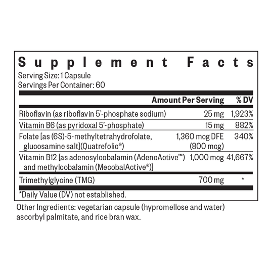 A supplement facts label showing a supplement bottle's nutrition information, including riboflavin, vitamin B6, folate, vitamin B12, and trimethylglycine (TMG) amounts per serving and daily value percentages.