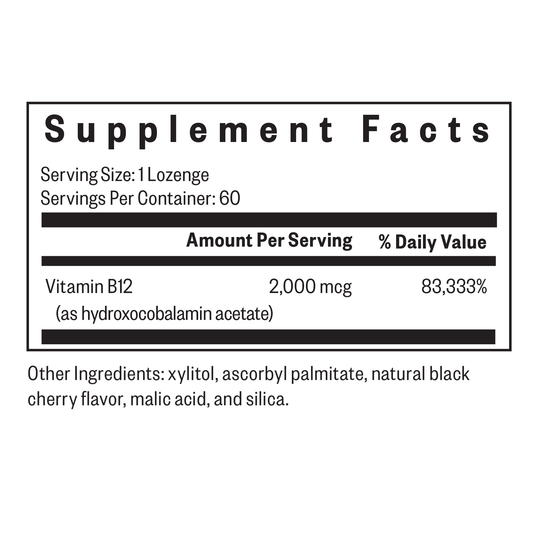 Supplement facts label for a vitamin B12 lozenge with serving size, servings per container, and ingredient list.