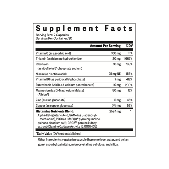 Supplement facts label with detailed nutritional information on a white background