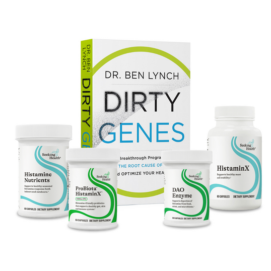 Supplement products including 'DIRTY GENES' and 'HistaminX' by Dr. Ben Lynch on a white background.