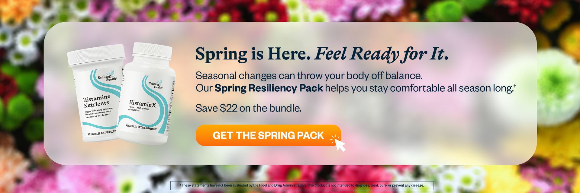 Promotional banner for a 'Spring Resiliency Pack' with two product bottles and a call to action button on a colorful background.