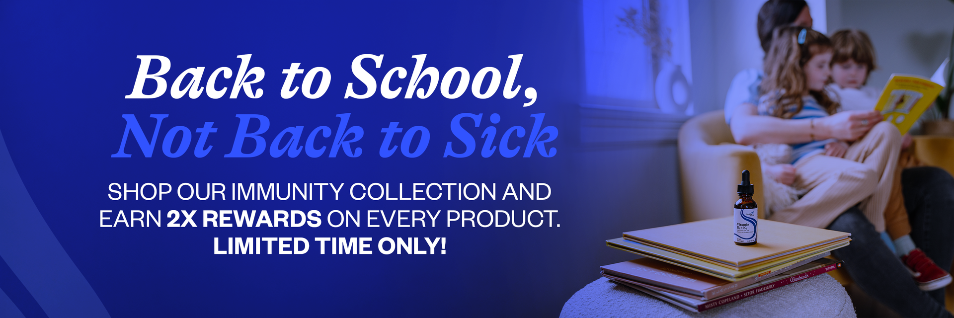 Promotional banner for immunity collection with a family reading together in the background.
