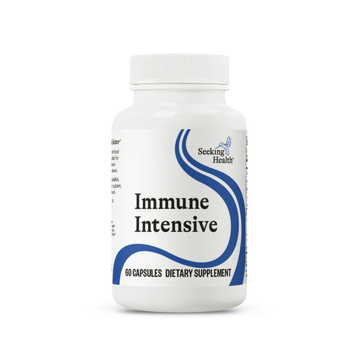 A white plastic bottle of Seeking Health Immune Intensive dietary supplement with a white cap, featuring a white label with blue graphic accents and black text.