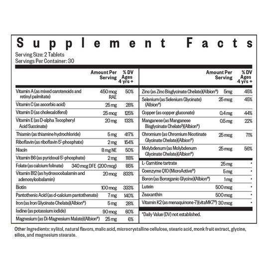Supplement facts label with detailed nutritional information on a white background