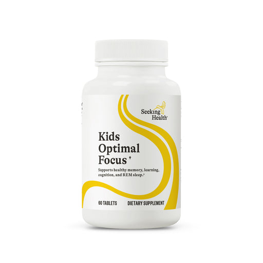 A white plastic bottle of Seeking Health Kids Optimal Focus dietary supplement with a white cap, featuring a white label with yellow graphic accents and black text.